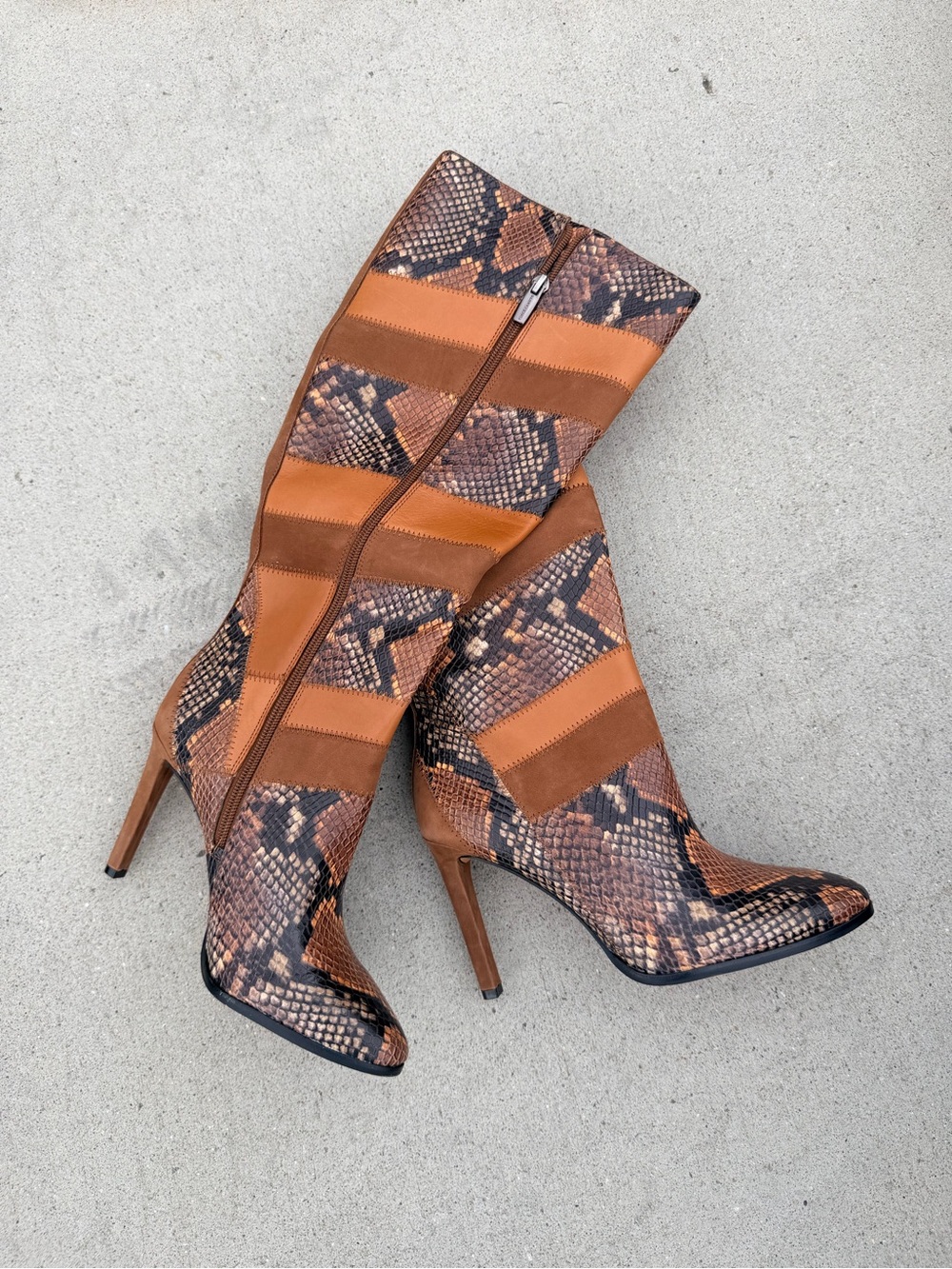 Vince Camuto Tan and Brown Snakeskin Knee Boots
